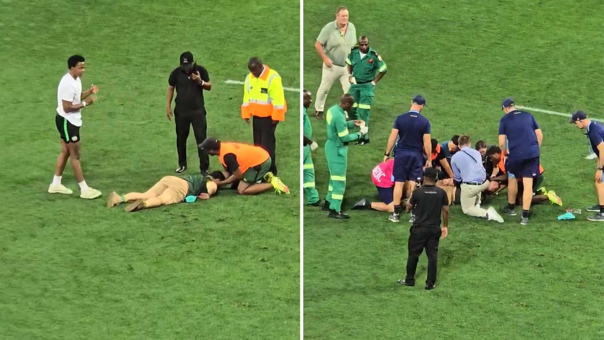 Dramatic moment pitch invader is KNOCKED OUT by security during rugby match – but wakes up and asks for his beer