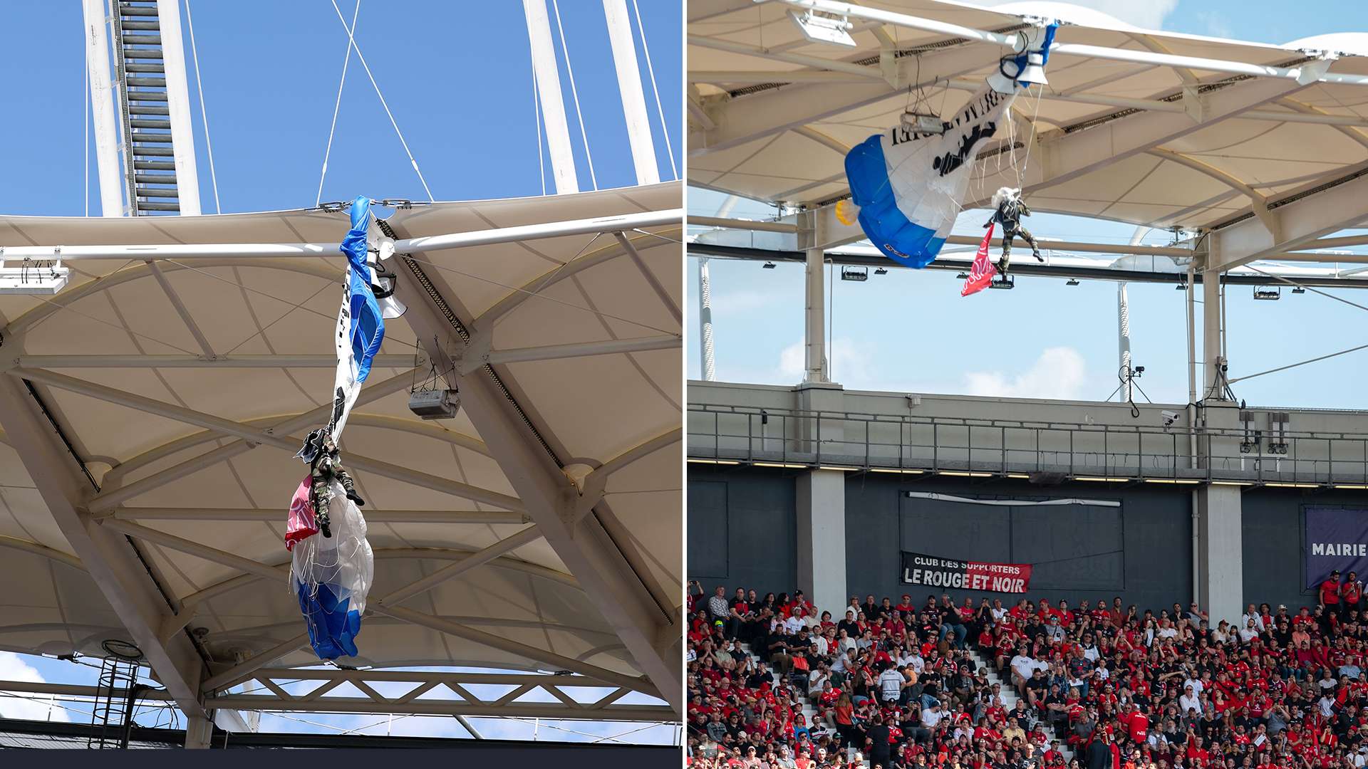 Horror moment parachutist crashes into stadium roof as he desperately clings on before fire engine races to rescue him
